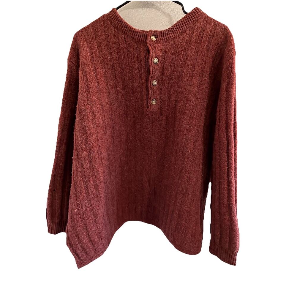 Outdoor Life Shetland Wool Sweater Mens XL Henley Ribbed Knit Maroon Defect